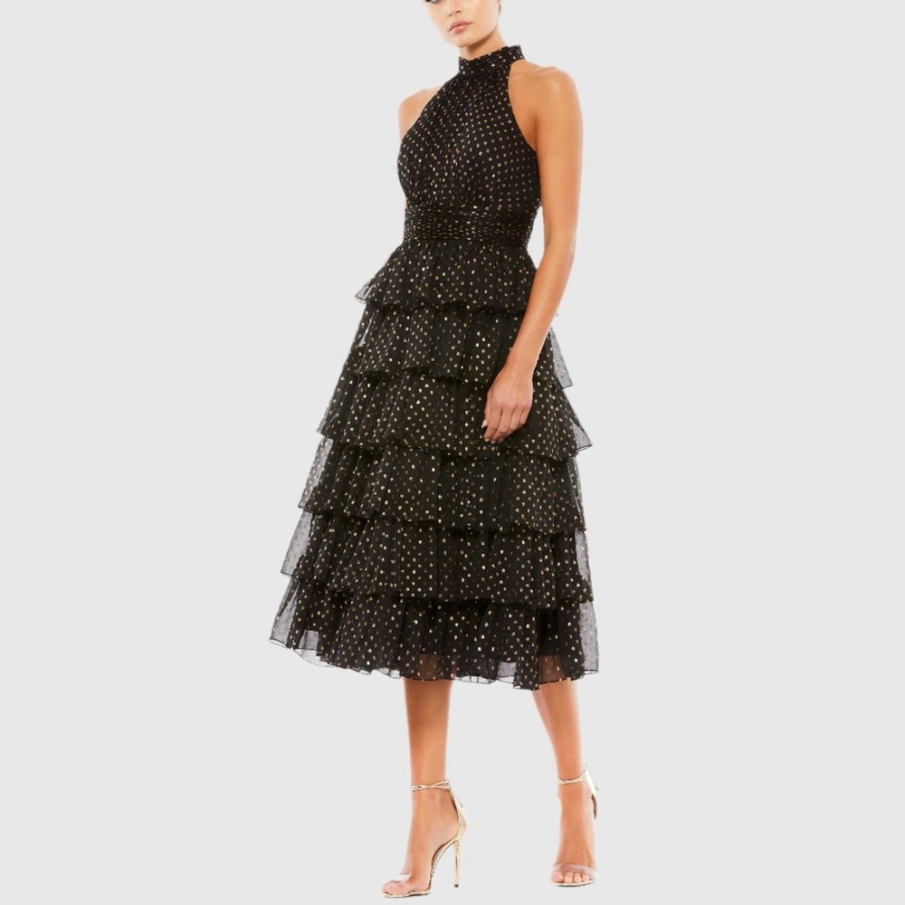 NWT Mac Duggal Black Ruffle Layered Polka Dot Cocktail Dress 49510 Size 0
